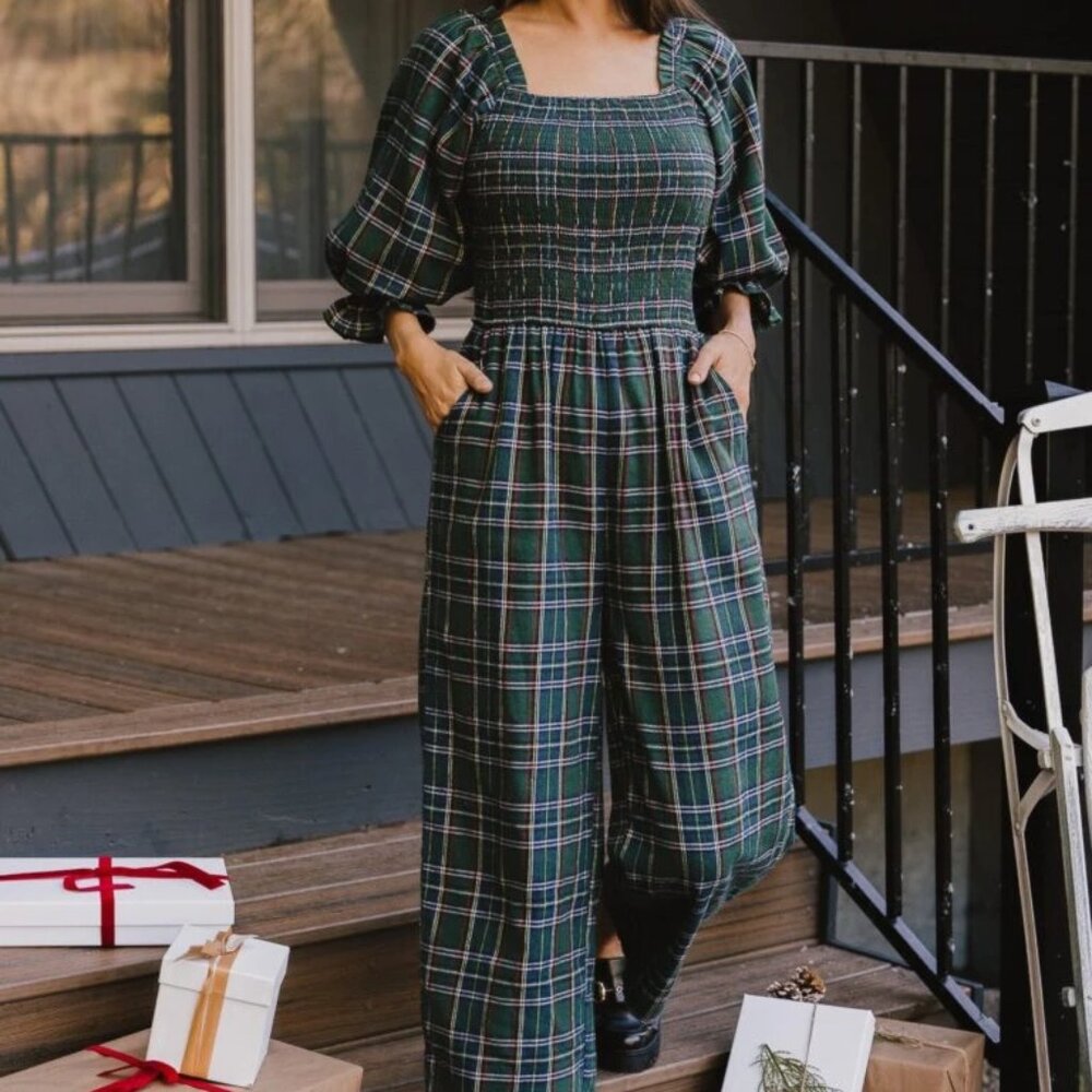 Ivy City Co Plaid Jumpsuit in Green and Blue